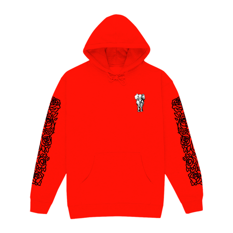 White hoodie with red top sleeves